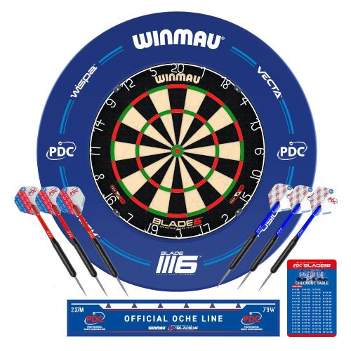 Darts tábla Winmau Blade 6 PDC falvédővel, két szett nyíllal, startvonallal, kiszállóval