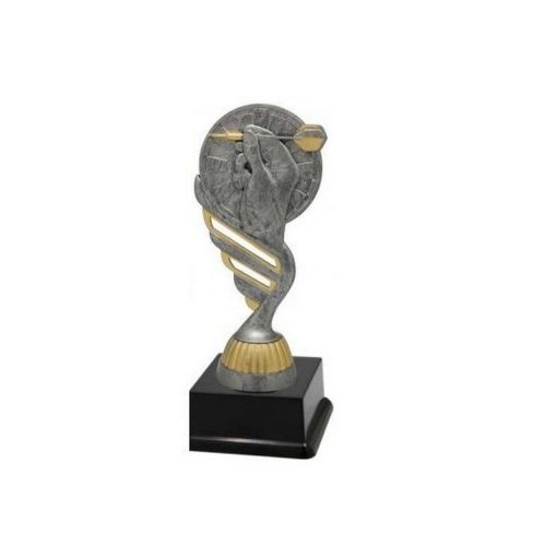 Darts trófea, fekete műanyag talpon, antik ezüst kéz, 16 cm-es