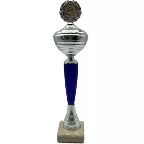 Darts serleg, márvány talpon, ezüst, kék színben, tetővel, dartstáblával, 37 cm magas