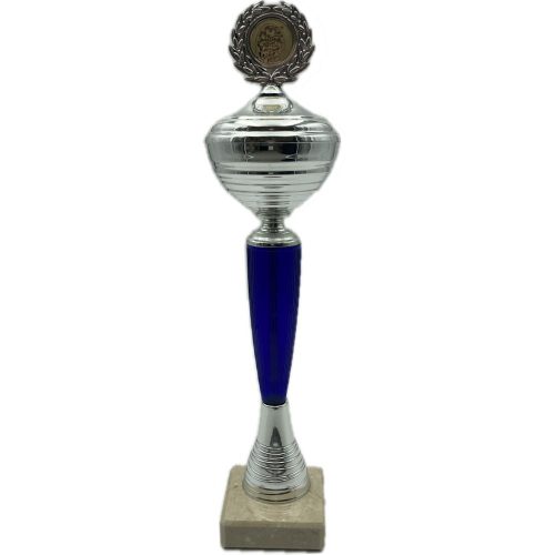 Darts serleg, márvány talpon, ezüst, kék színben, tetővel, dartstáblával, 34,5 cm magas