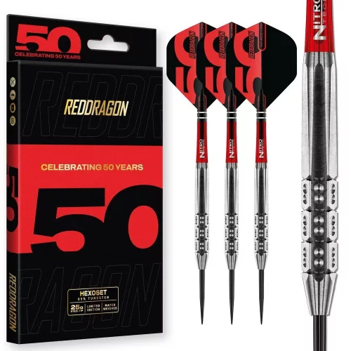Dart szett steel Red Dragon Darts 50 Years - Hexoset 3, 25g 85% wolfrám (készlet erejéig)