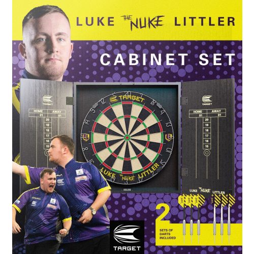 Komplett dart csomag Target Luke 'The Nuke' Littler darts tábla és kabinet 2 szett nyíllal