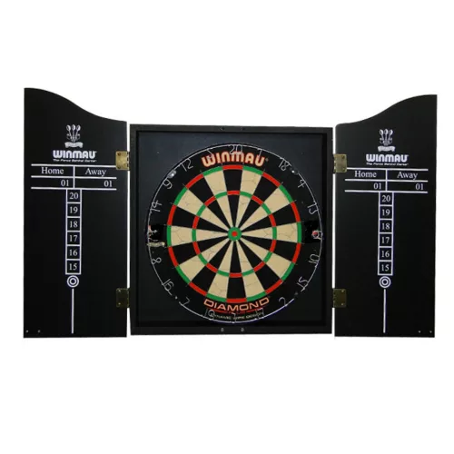 Profi Darts szett, sisal tábla, háromszögletű dróttal, fekete színű kabinet, 2 szett nyíl (kifutó)